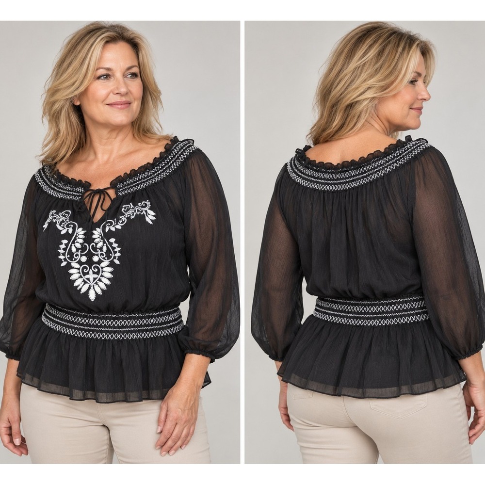Charming Charlie Womens XL Black Sheer Embroidered Peasant Blouse Boho Peplum...